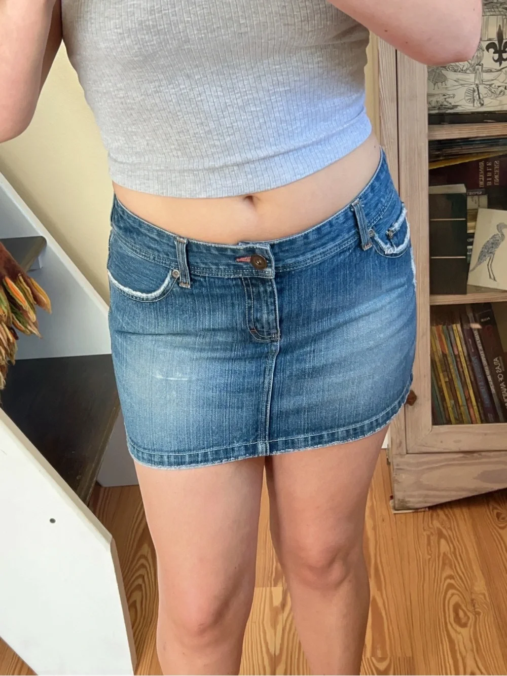 Vintage Y2K American Eagle Faded Denim Super Mini Skirt Low rise Pink Rhinestone - Picture 3 of 12